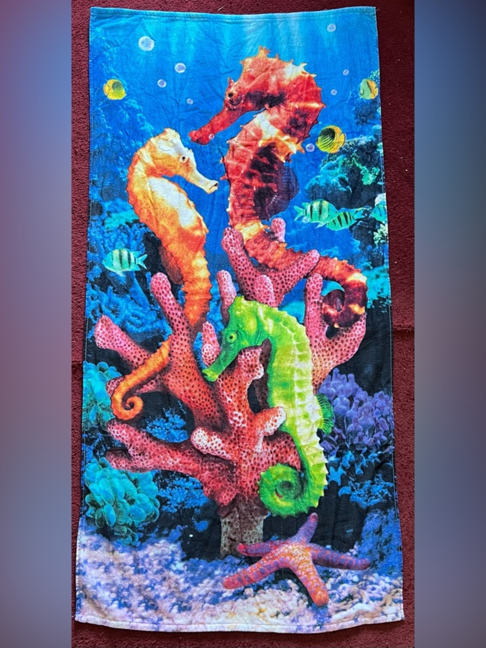 Colorful Tropical Coral and Seahorse Beach Towel